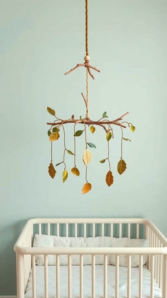 Nature-inspired mobile made from twigs and leaves hanging above a crib in a nursery