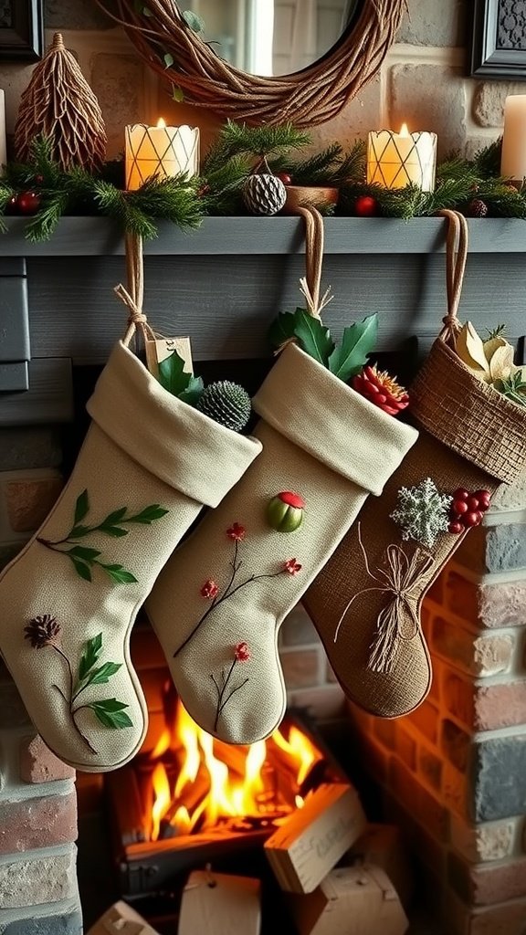 Three nature-inspired stockings hanging from a cozy cabin fireplace, decorated with natural elements like pinecones and leaves