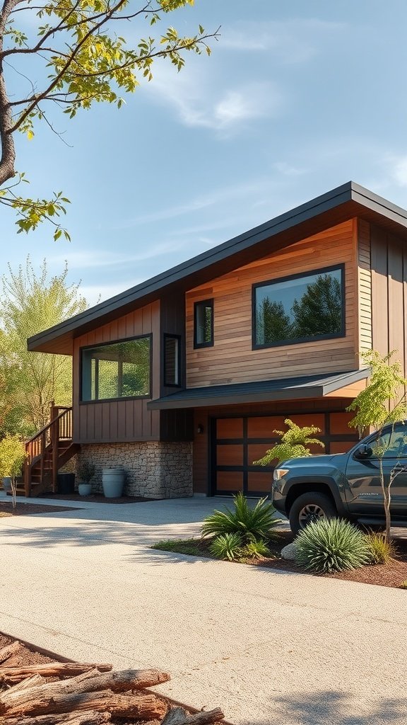 A contemporary house exterior featuring wood, stone, and metal textures, surrounded by greenery.