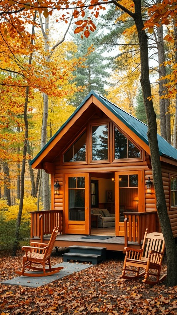 A cozy wooden cabin surrounded by autumn trees, featuring a welcoming porch and rocking chairs.