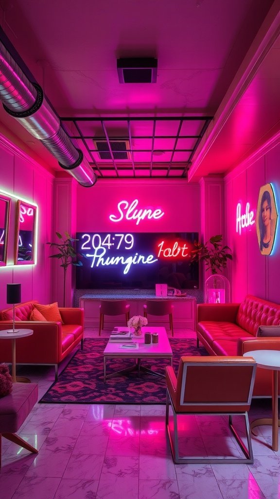 A luxurious penthouse living space featuring vibrant neon accents in pink and purple.