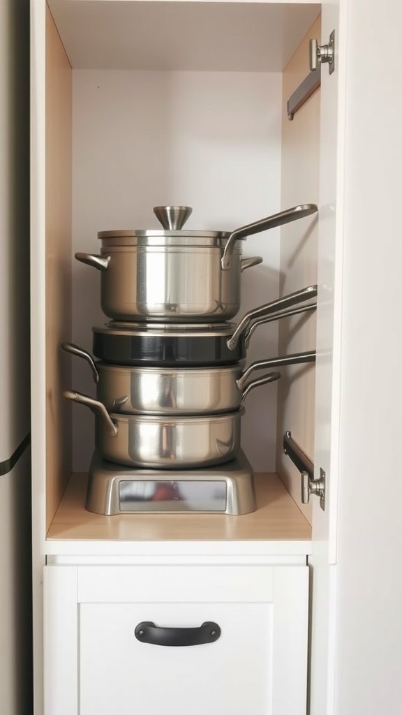 Organized kitchen cabinet featuring nested stainless steel cookware.