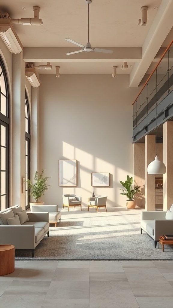 A spacious modern loft with a neutral color palette, featuring large windows, comfortable seating, and indoor plants.