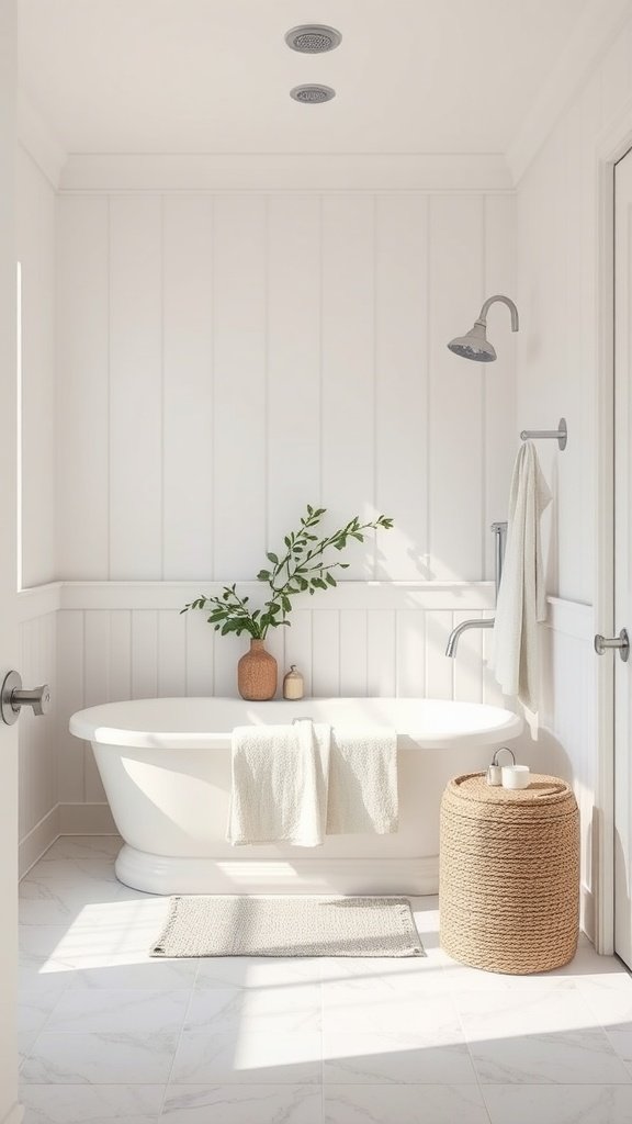 A neutral colored farmhouse bathroom featuring a white tub, woven basket, and green plant.