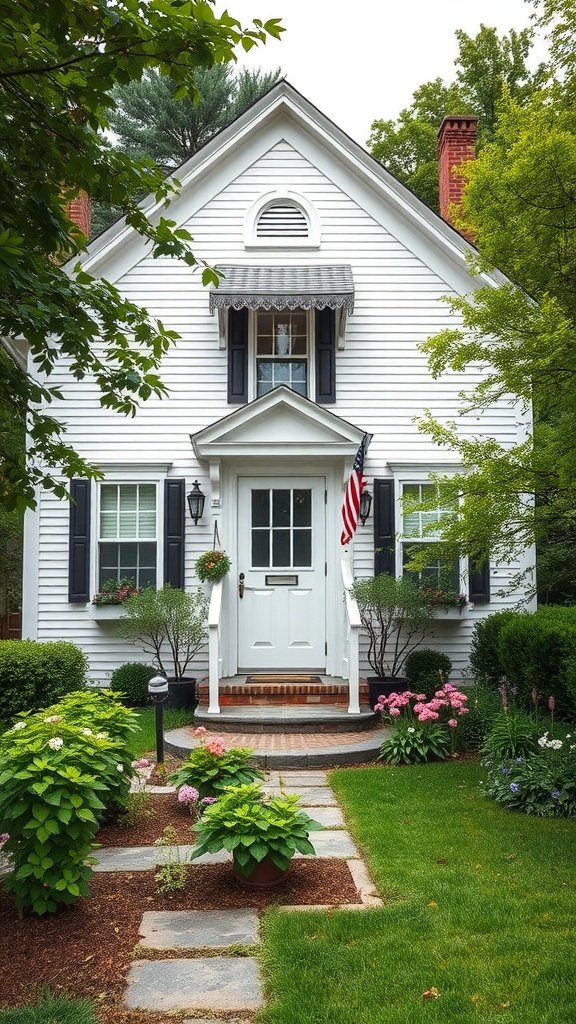 A charming white New England home with a well-kept garden and stone pathway.
