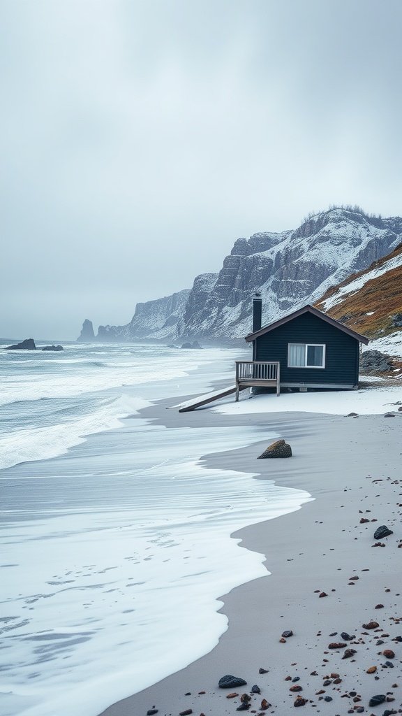 A cozy cabin on a beach in Northland, New Zealand, with cliffs in the background and waves gently touching the shore.