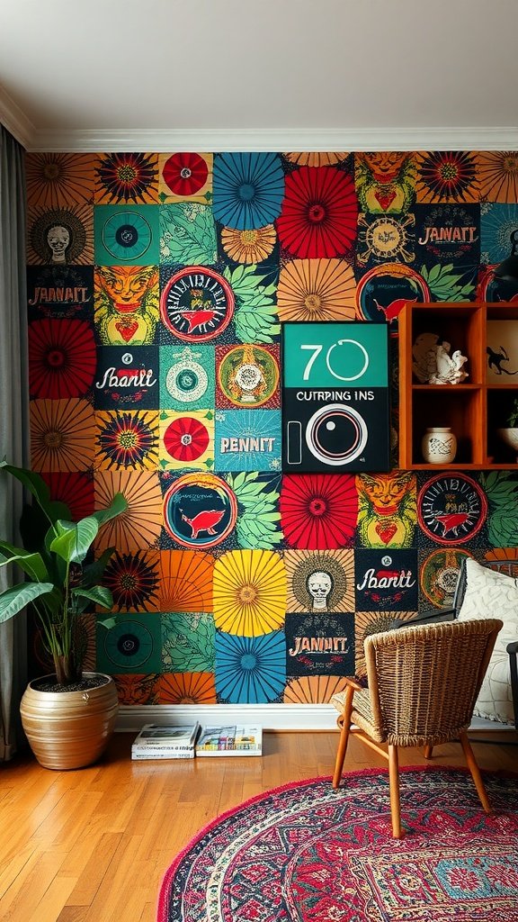 A colorful accent wall with retro patterns, featuring a cozy chair and a decorative rug.