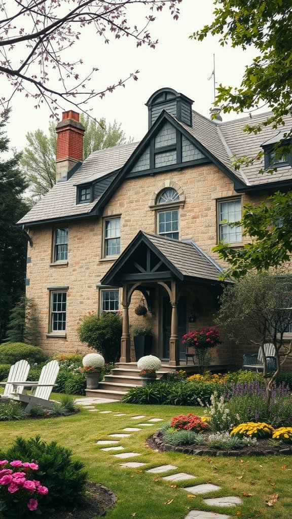 A beautiful stone house with a well-maintained garden and a cozy porch
