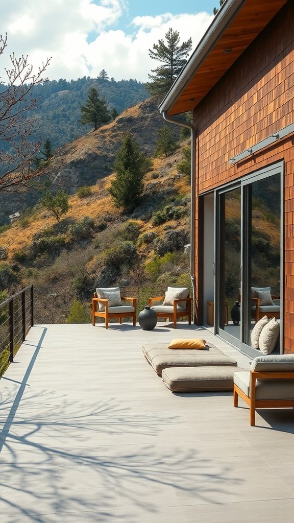 A hillside home with a spacious open deck surrounded by trees and mountains.