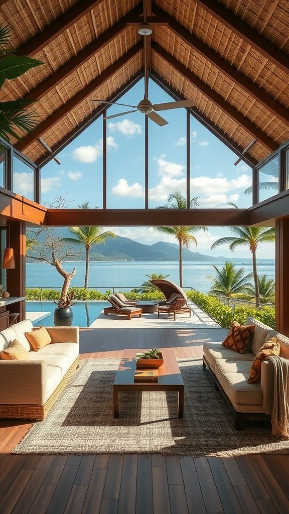 A stunning open-air living room with large glass walls, overlooking a tropical pool and scenery.