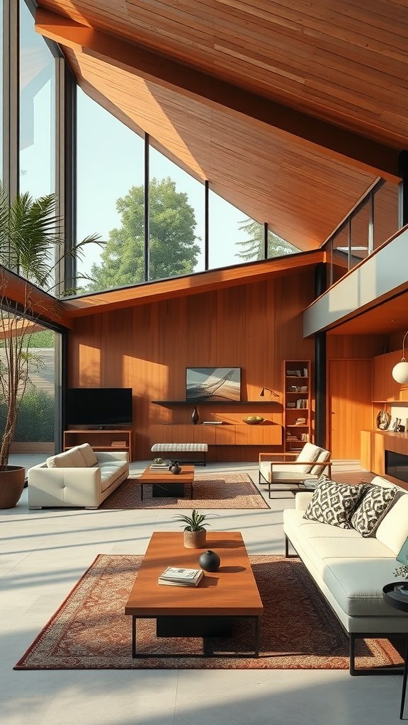A modern living room with large windows, wooden accents, and a cozy seating area.