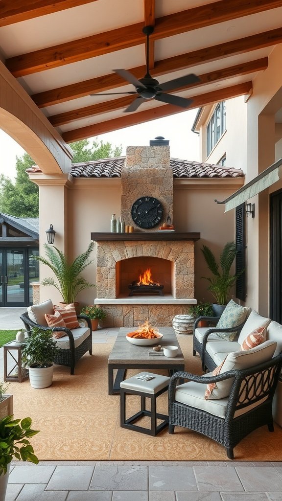 Open-air lounge with a cozy fireplace, stylish seating, and a warm ambiance.