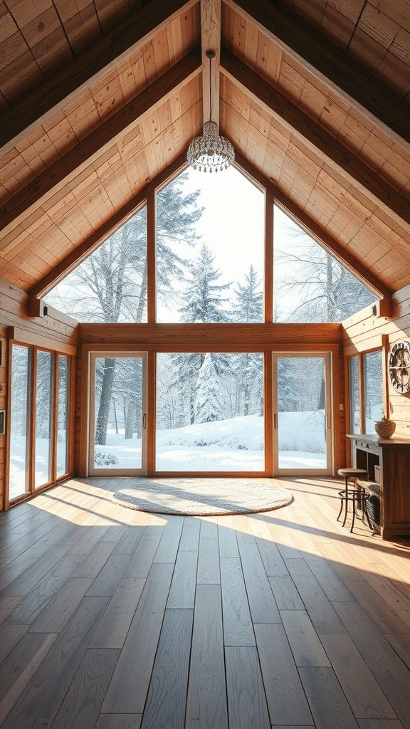 Interior view of an open-concept cabin with large windows overlooking a snowy landscape.