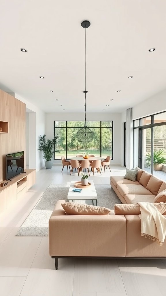 Spacious open-concept family home featuring a living area with a sectional sofa and a dining area with large windows.