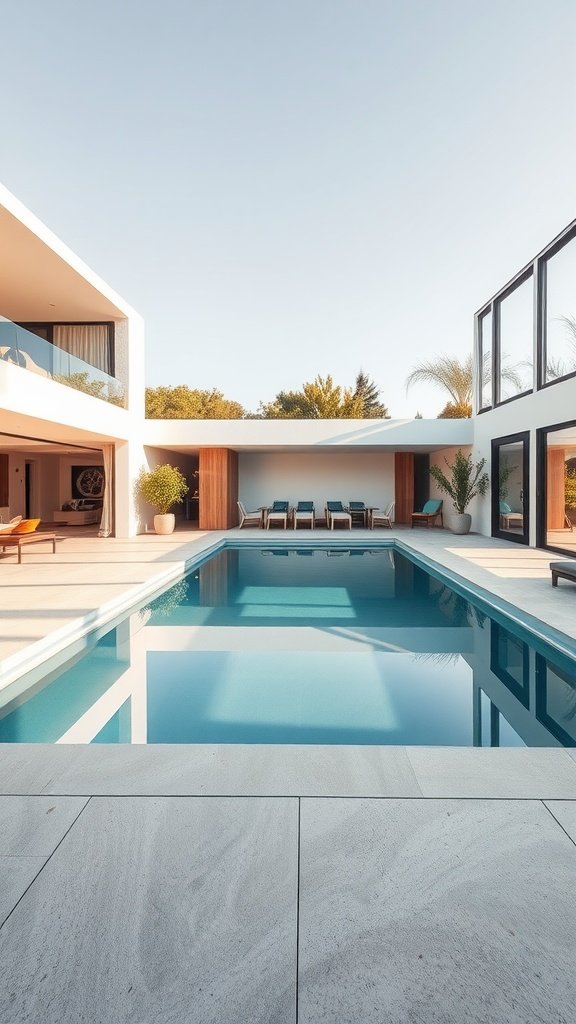 Open-concept house with a central pool and modern design
