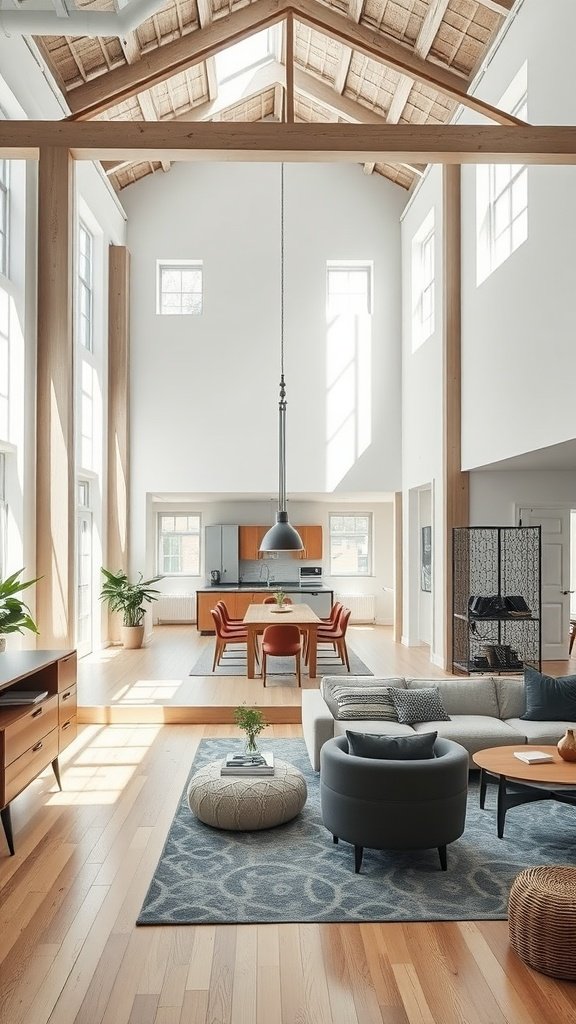 Open-concept living space showcasing a modern Japanese loft with high ceilings and natural light.