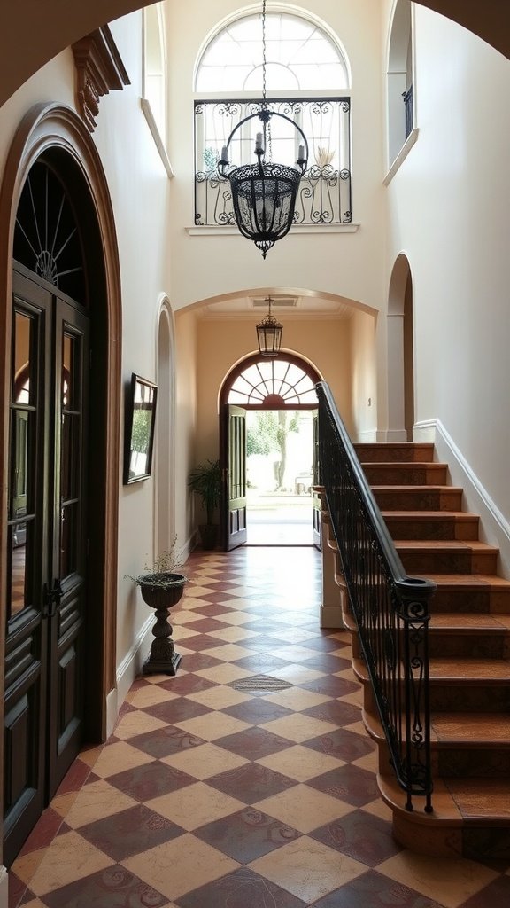 Open-riser staircase with decorative iron railings in a Spanish-style home entryway