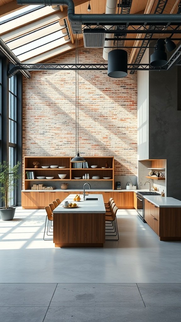A spacious modern loft kitchen featuring an open concept layout with large windows, a central island, and a blend of wood and concrete materials.