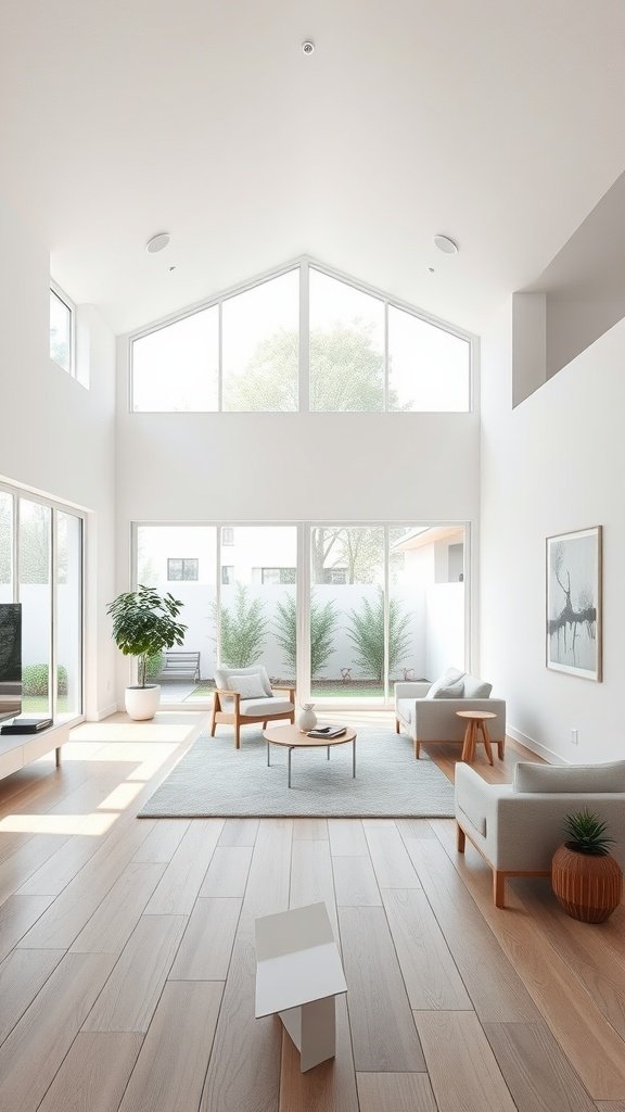 Spacious open concept living room with large windows, modern furniture, and a natural aesthetic