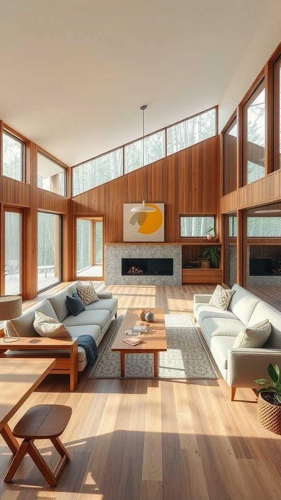 Open concept living space with large windows, wood paneling, and minimalist furniture