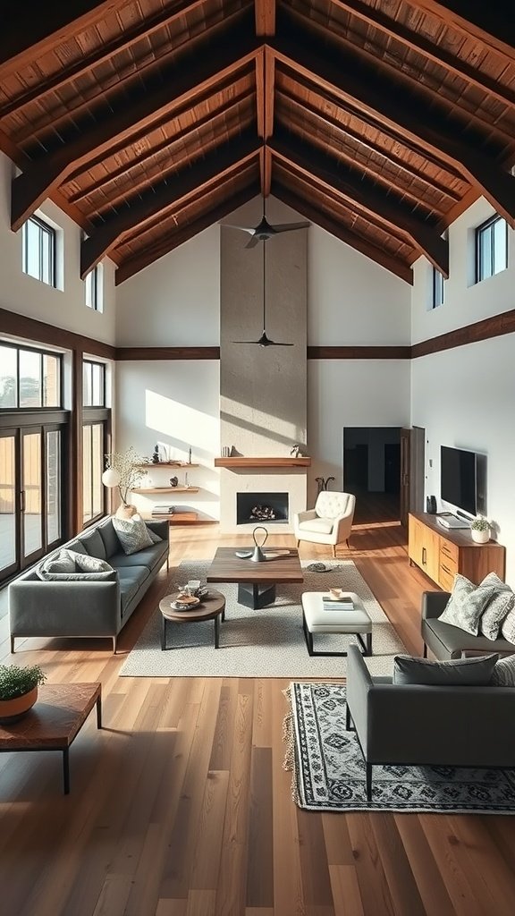 Open concept living space in a modern barn house featuring high ceilings, large windows, and comfortable furniture.