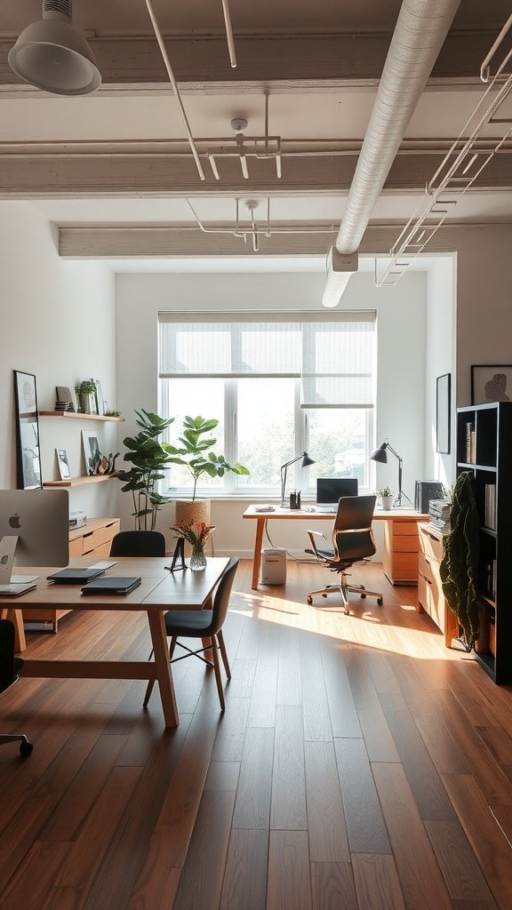 An open concept home office featuring two workstations, large windows, and wooden flooring.