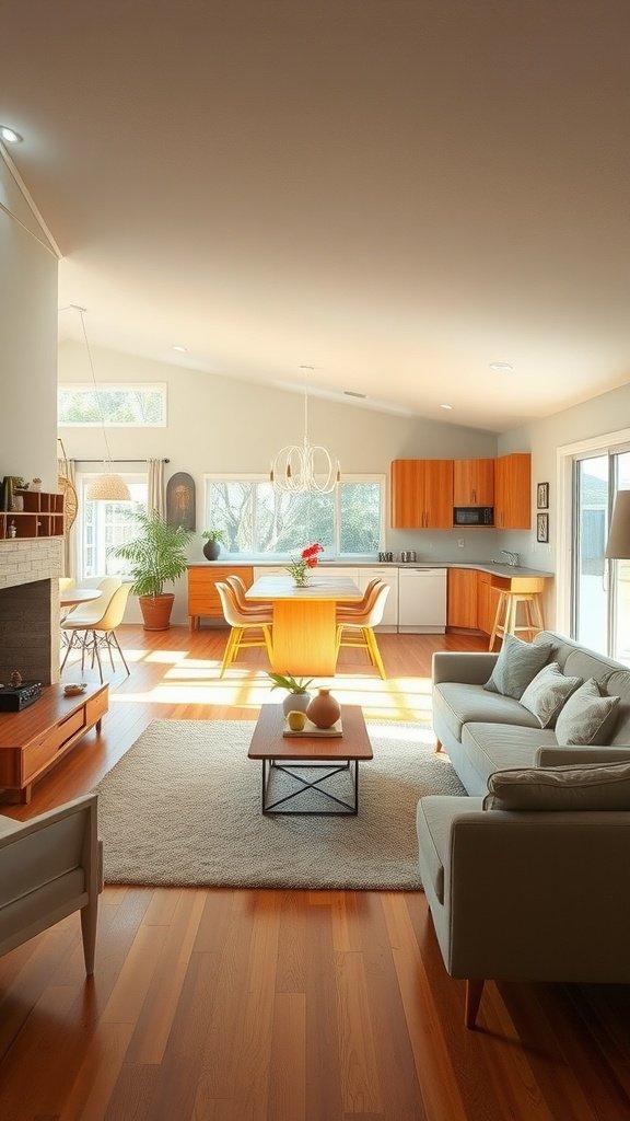 An elegant mid-century modern open floor plan featuring a living room, dining area, and kitchen, filled with natural light.