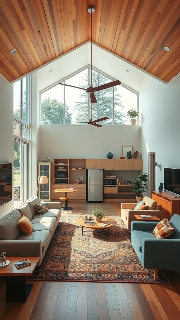 A modern living room with an open floor plan, large windows, and a high wooden ceiling.