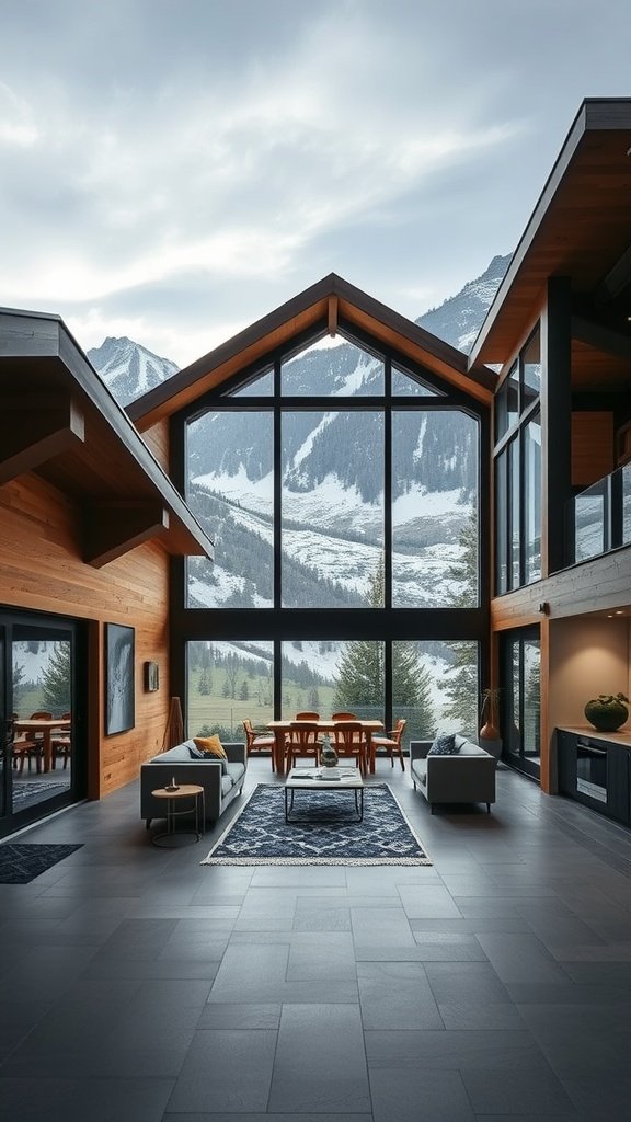 A modern mountain home interior featuring large glass windows, a cozy living area, and stunning mountain views.