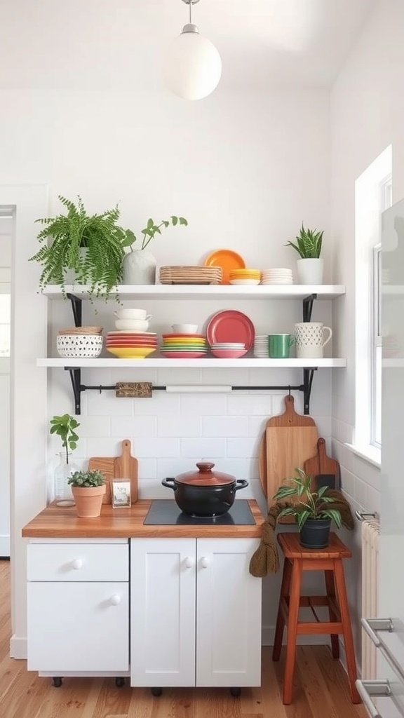 A spacious tiny house kitchen featuring open shelves displaying colorful dishes and plants, with compact cabinetry below a wooden countertop.