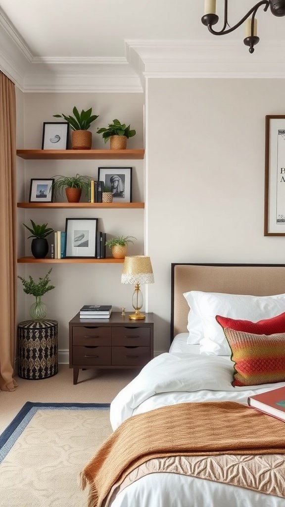A cozy farmhouse guest bedroom featuring open shelving with plants and framed photos.