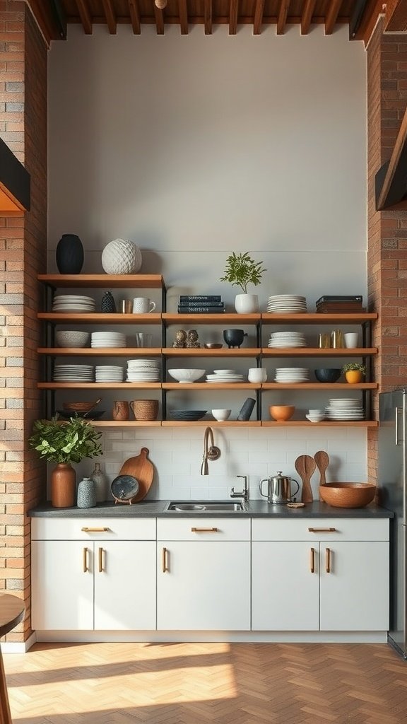A modern loft kitchen with open shelving displaying plates, bowls, and decorative items, featuring a sleek countertop and brick wall.