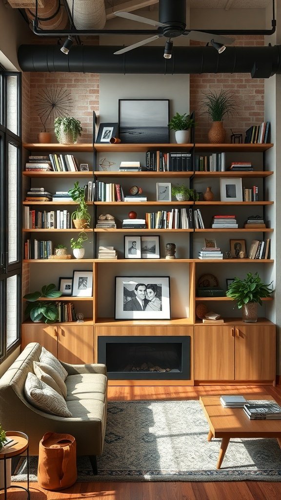 A cozy modern loft living room featuring open shelving filled with books, plants, and decorative items, complemented by a comfortable sofa and warm wood accents.