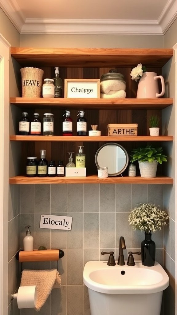 Open shelving in a farmhouse bathroom featuring decorative items and personal care products.