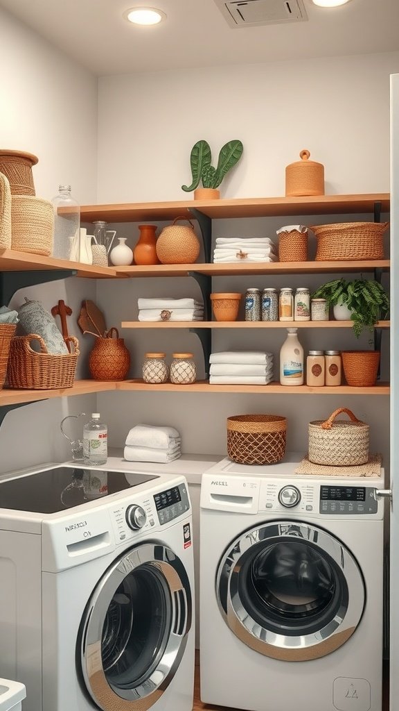Open shelving in a laundry room with decorative items and plants.