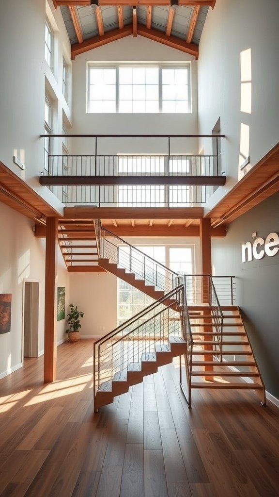 A modern open staircase in a loft with wooden beams and large windows.