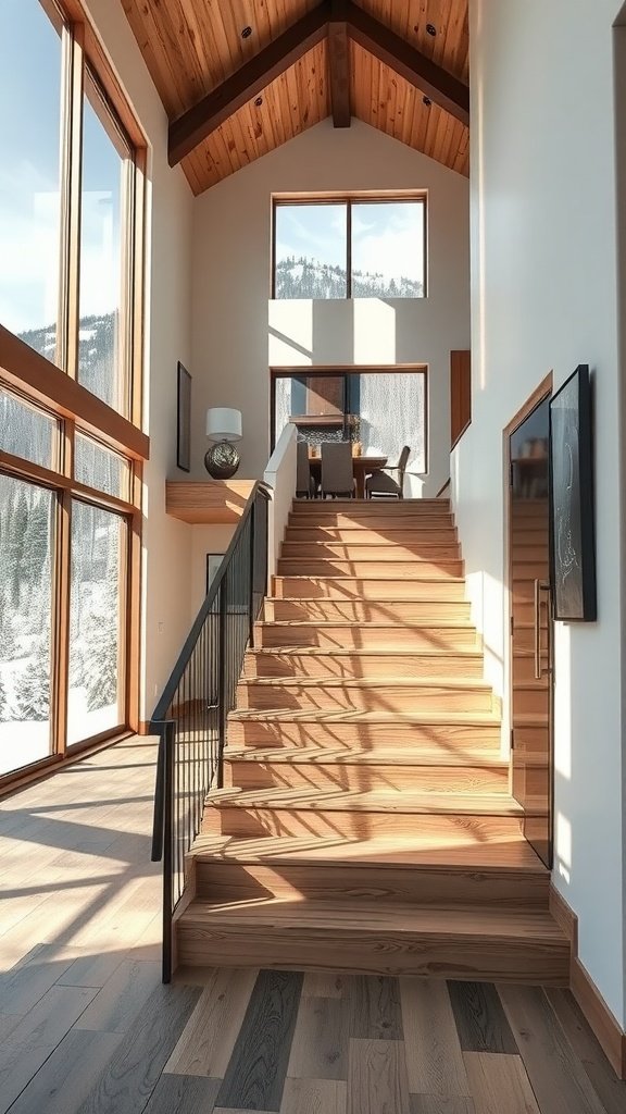 Open staircase in a modern mountain home with large windows and wooden steps