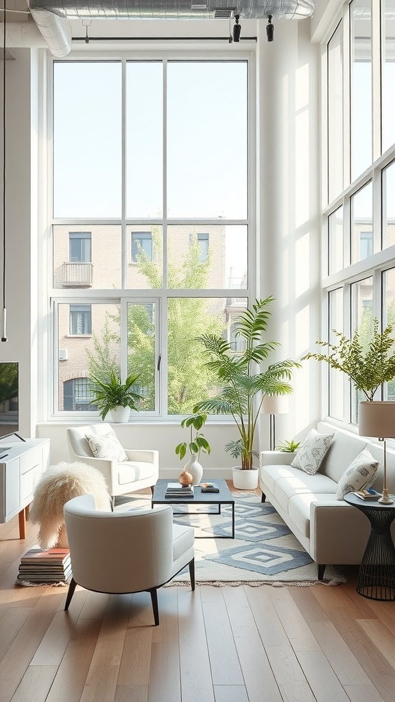 A bright modern loft living room with large windows, plants, and contemporary furniture.