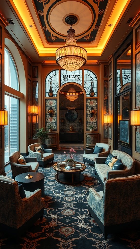 Luxurious Art Deco inspired living room with elegant decor and warm lighting.