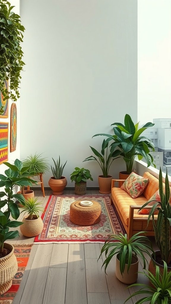 A cozy bohemian-style retreat in a luxury penthouse, featuring a plush sofa, vibrant rugs, and lush indoor plants.