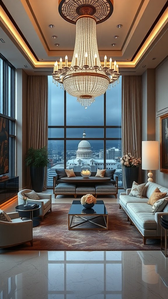 Luxurious penthouse living room with chandelier, city view, and elegant furniture.