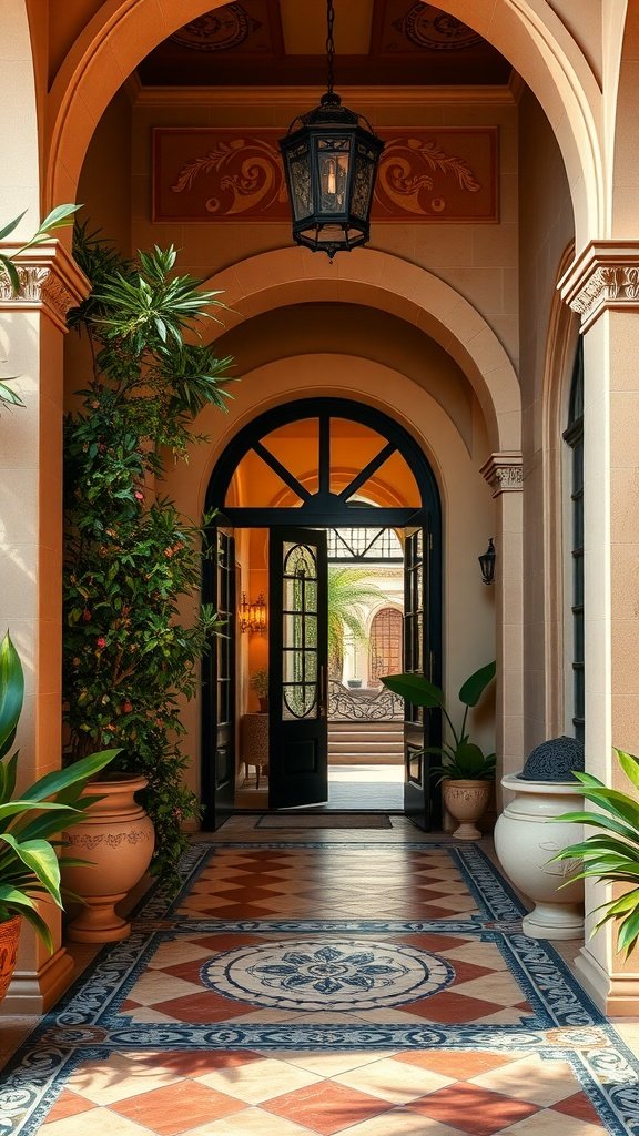 An elaborate Spanish Mediterranean entryway featuring arched doorways, a hanging lantern, and lush green plants.