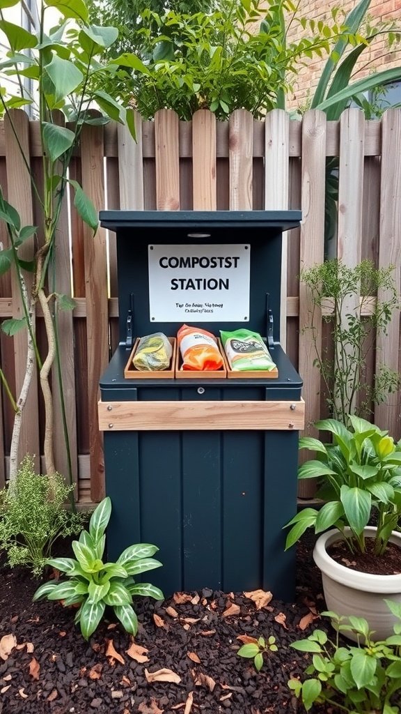 A composting station in a garden, featuring a wooden lid, green plants, and organized compostable materials.