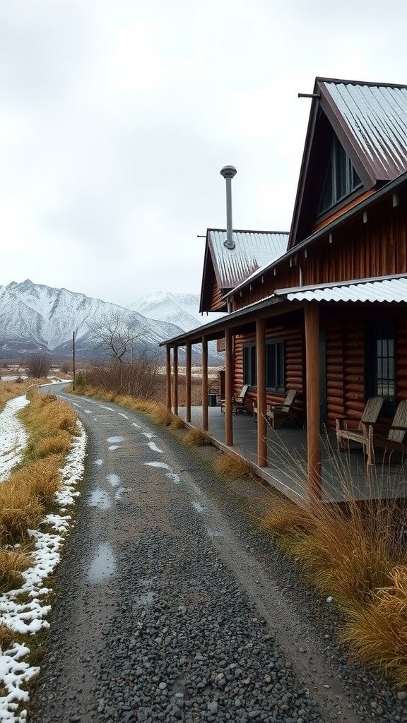 A cozy lodge in Otago Central with snow-capped mountains in the background