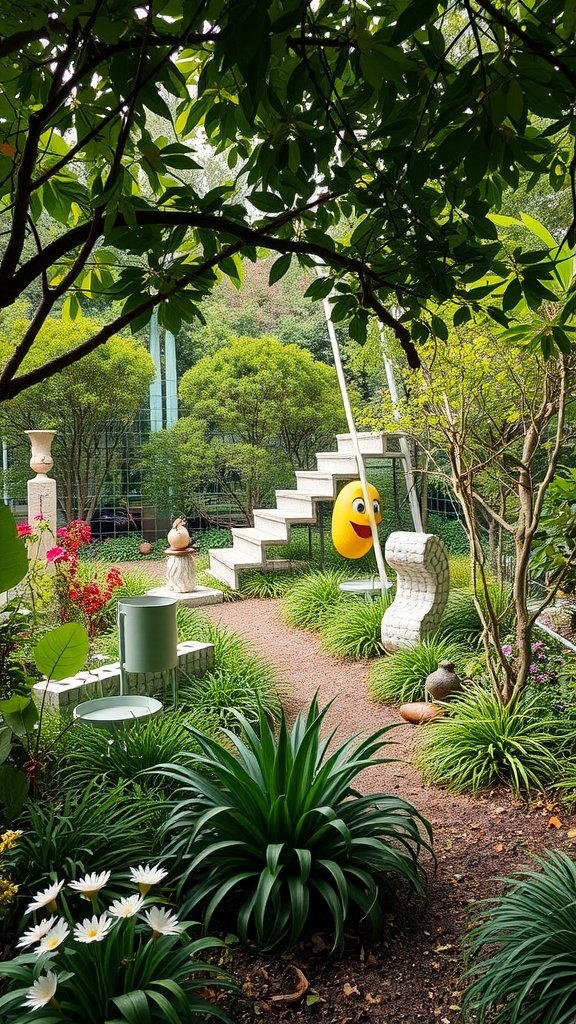 A colorful garden featuring a yellow smiley face sculpture, unique furniture, and lush greenery.