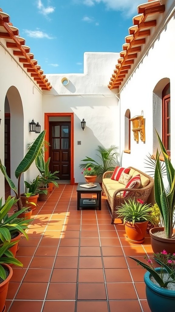A sunny Spanish Mediterranean courtyard with terracotta tiles, white walls, and lush plants.