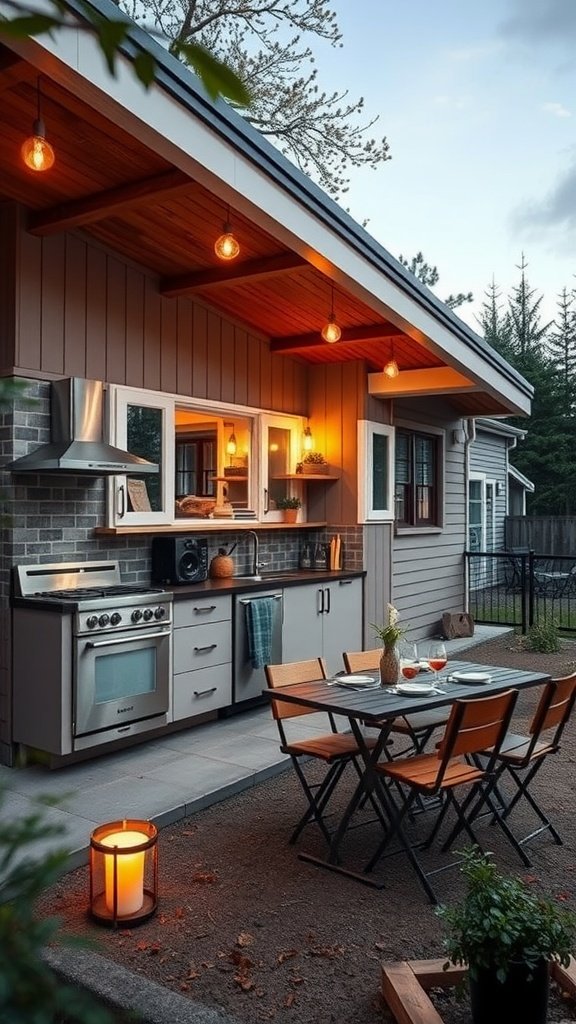 Outdoor kitchen with modern appliances and a dining table setup
