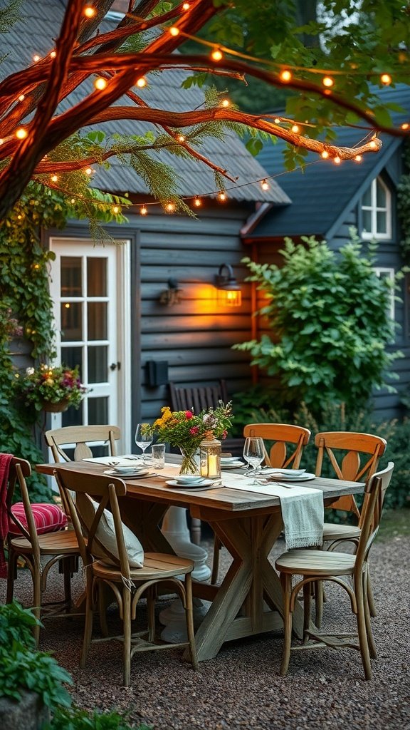 A cozy outdoor dining area featuring a wooden table with chairs, fairy lights, and a beautiful garden.