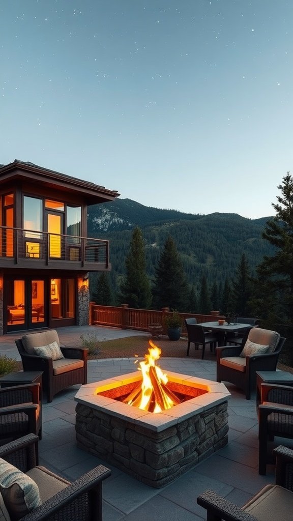 A cozy outdoor fire pit surrounded by comfortable seating and mountains in the background during twilight.