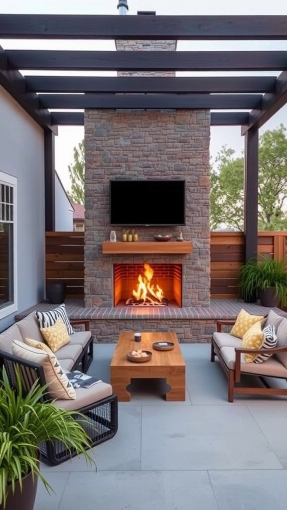 A modern outdoor fireplace with a stone structure, surrounded by comfortable seating and plants.